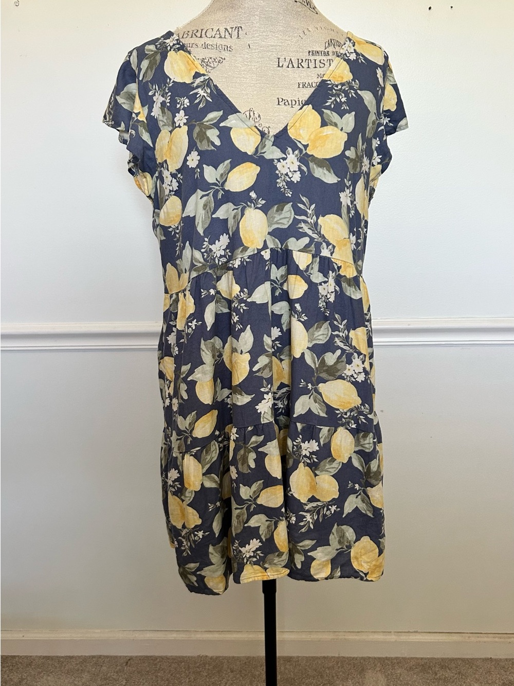 Abercrombie & Fitch Navy Lemon-Print V-Neck Tiered Mini Dress